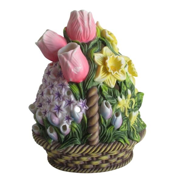 Party Lite Floral Bouquet Basket Tea Light Ceramic Candle Holder - Picture 1 of 7